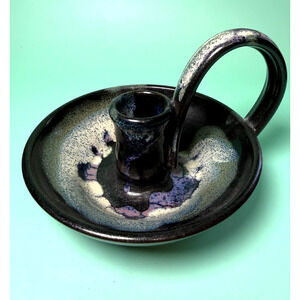 Signed RRP Large Art Pottery Chamberstick Candle Holder Mottled Black Purple